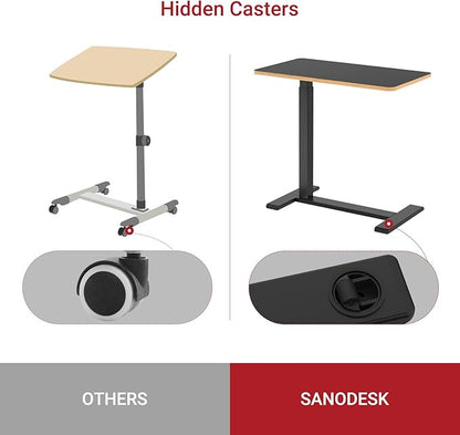 SANODESK Medical Adjustable Overbed Bedside Table with Hidden Casters, Pneumatic Mobile Laptop Computer Standing Desk Cart with Tray, Hospital and Home Use(31.5" W x 17.7" D, Black)
