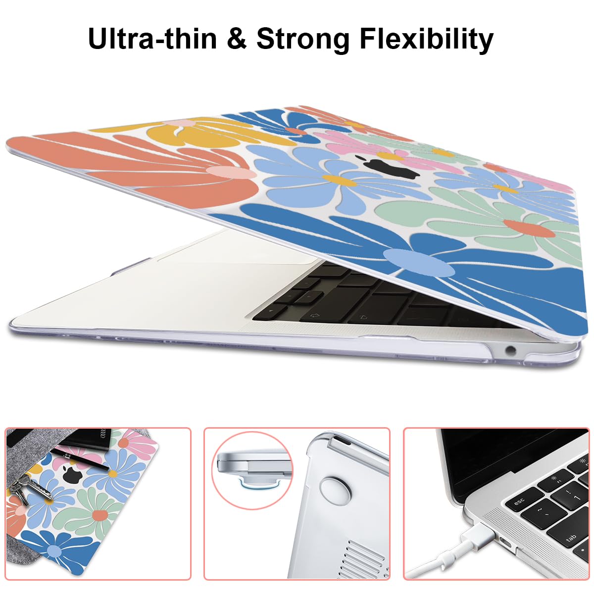 LCMOCICO for MacBook Air 13 inch Case 2021 2020 2019 2018 A2337 M1 A2179 A1932 Cover with Touch ID, Crystal Plastic Printed Pattern Hard Shell Case Keyboard Skin Screen Protector, Colorful Flowers