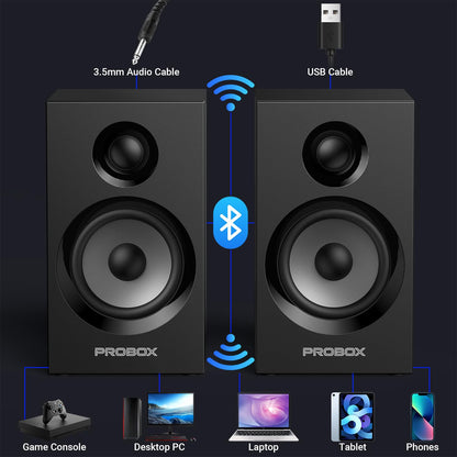 Probox Powered Bookshelf Speakers HiFi Computer Gaming Monitors with Bluetooth 5.3 & 24-Bit USB DAC Stereo Speaker PC Speakers 3.5" Woofer,1" Silk Dome Tweeter, Adjustable Bass/Treble BT16-Black