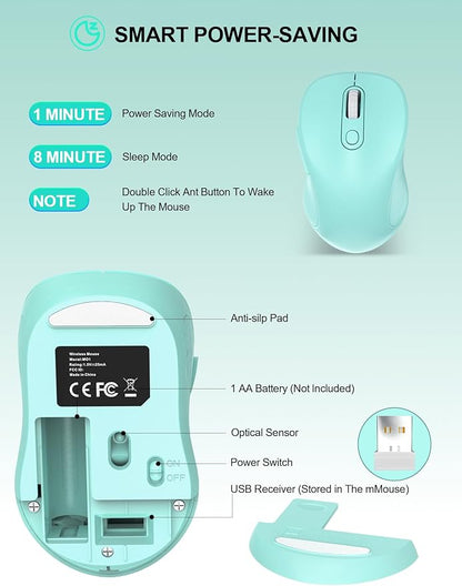 Trueque Wireless Mouse for Laptop, 2.4GHz Ergonomic Computer Mouse with Back & Forward Buttons, 3-Level DPI, 6 Buttons, Optical USB Cordless Mice for Windows Chromebook MacBook PC (Mint Green)