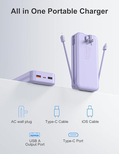 20000mAh Ultra-Portable-Charger-Power-Bank with Built in Cables&AC Wall Plug,PD20W USB-C Fast Charging Cell Phone Charger Battery Pack,LED Display Travel Battery Bank for All iPhone,Samsung,Android