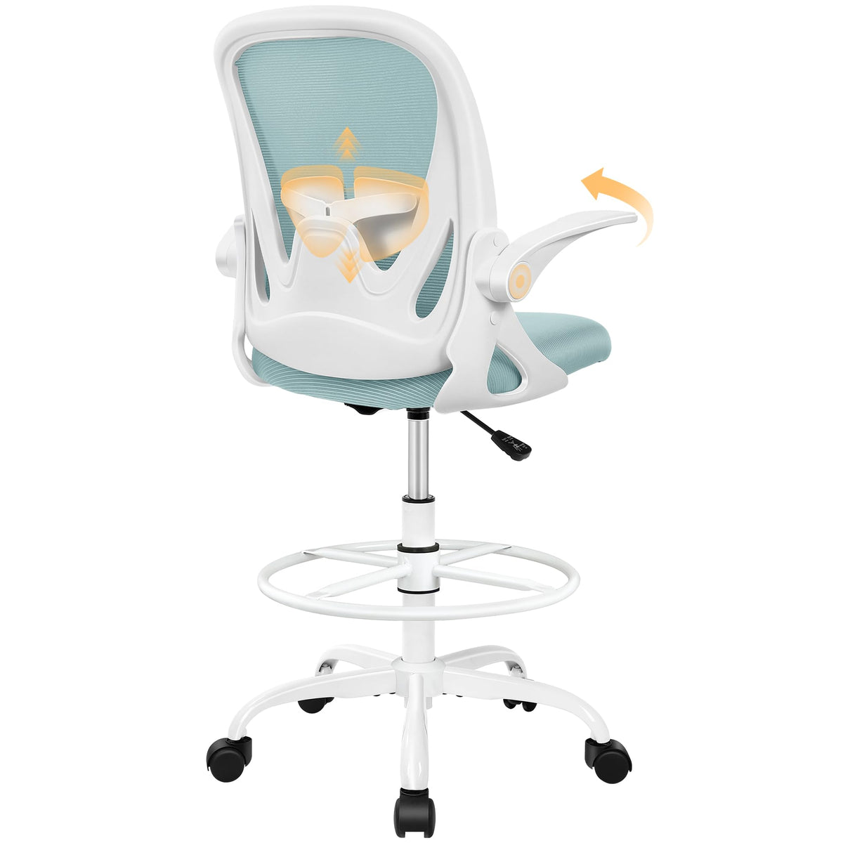 Drafting Chair Tall Office Chair with Flip-up Armrests, Adjustable Height, and Enhanced Lumbar Support - Ergonomic Rolling Stool, Back Support, and Adjustable Foot Rest Ring Light Blue