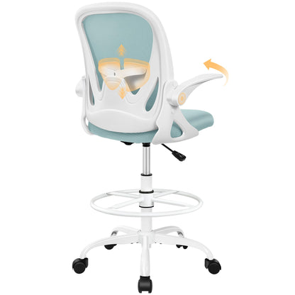 Drafting Chair Tall Office Chair with Flip-up Armrests, Adjustable Height, and Enhanced Lumbar Support - Ergonomic Rolling Stool, Back Support, and Adjustable Foot Rest Ring Light Blue