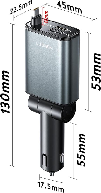 LISEN iPhone 16/15 Car Charger USB C Fast Charging Retractable,【60% Less Space,Mini】 57W Fast iPhone 16/15 USBC Type C Charger for 17 iPhone 16 15 Pro Max Plus，Samsung Galaxy S25/24 Z，Android