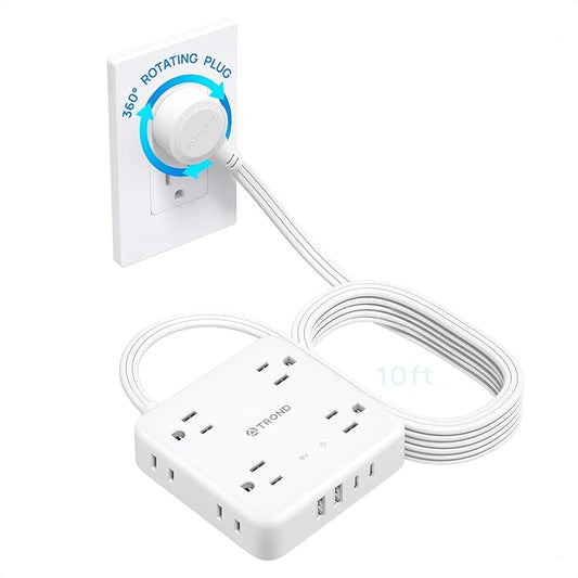 TROND 360° Rotating Flat Plug Power Strip 10ft, 8 AC & 4 USB (2U2C), White