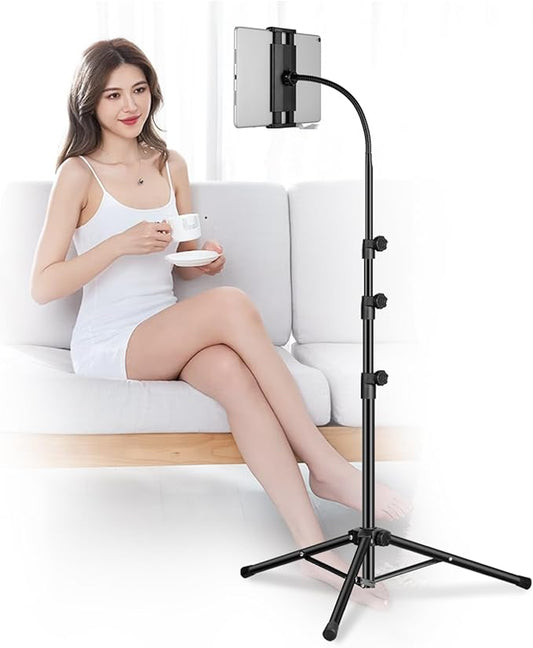 Awlbstruse Ipad Tripod Stand, Gooseneck 65" Height Adjustable Floor Stand with 360° Rotating iPad Tripod Mount for iPhone,iPad pro,Kindle and All 4.5-12.9 Inch Tablet and Phone