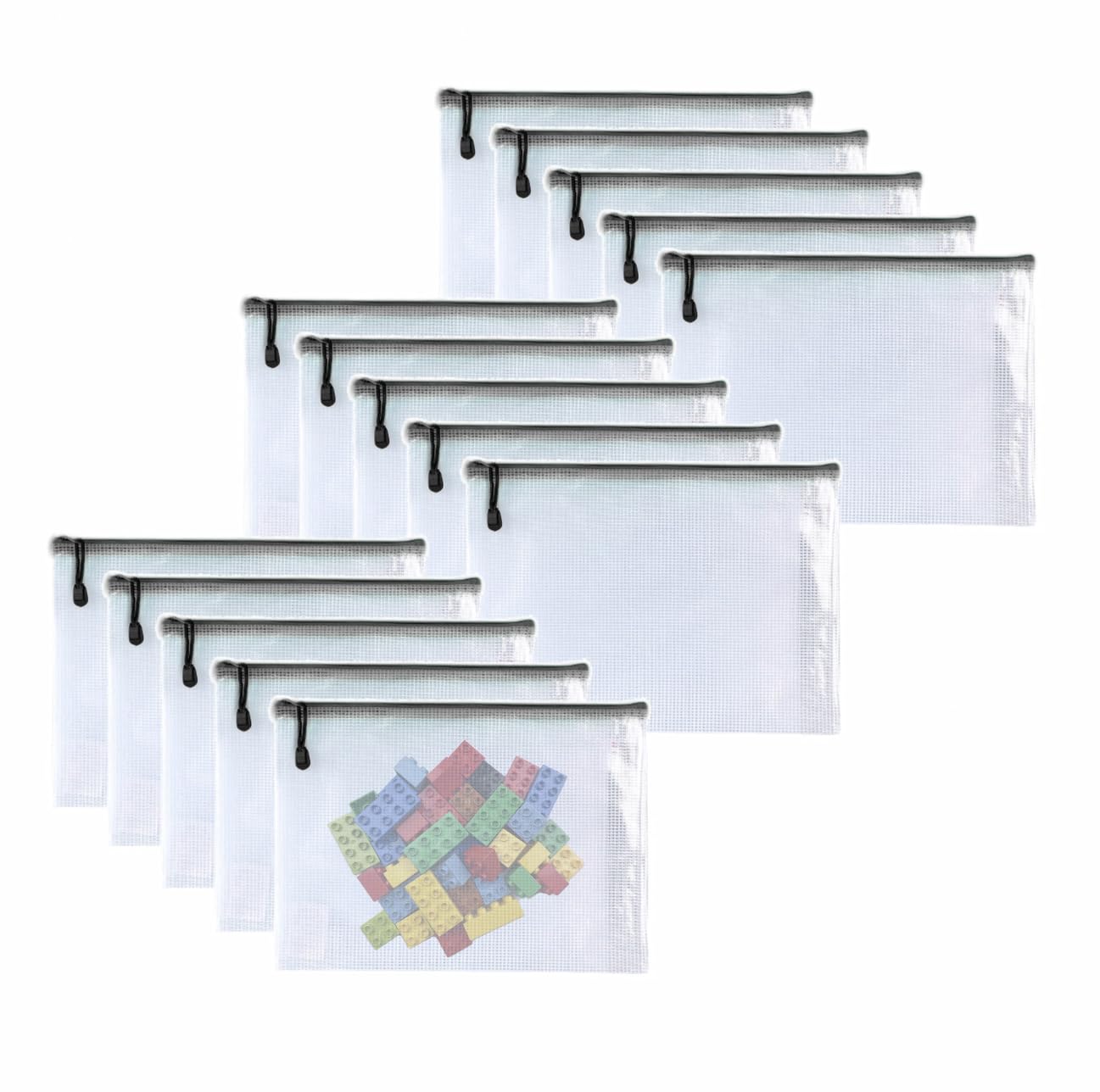 Oaimyy-8"x10"-15 Pcs-Plastic Mesh Zipper Pouch Document Folders Bag Zip File Bags for Office Supplies,Home,Travel Storages,Puzzle Board Games Storage,Organizing Classroom-(Black)