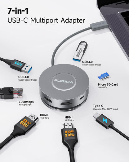 Micro USB C Docking Station Dual HDMI Monitor FORIDA USB C to USB Hub with 1 Gbps Ethernet 100W Power Delivery Micro SD Card Reader for MacBook/Dell/HP/Lenovo ThinkPad/Surface (Silver)