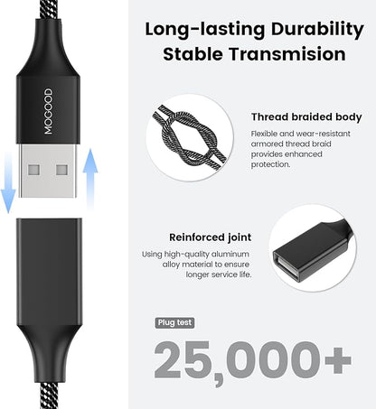 Durable USB A Male to 2 Female Extension Cord - Nylon Braided, Fast Data Transfer, Compatible with Printer, Keyboard, Flash Drive, Hard Drive, PlayStation