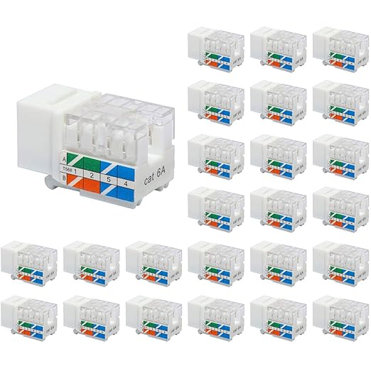 VCE RJ45 UL Listed Cat6A Keystone Jack 25-Pack, 10 Gbps Slim Profile Modular Ethernet Jacks Insert 110-Type UTP 90-Degree for Wall Plate and Patch Panel, White