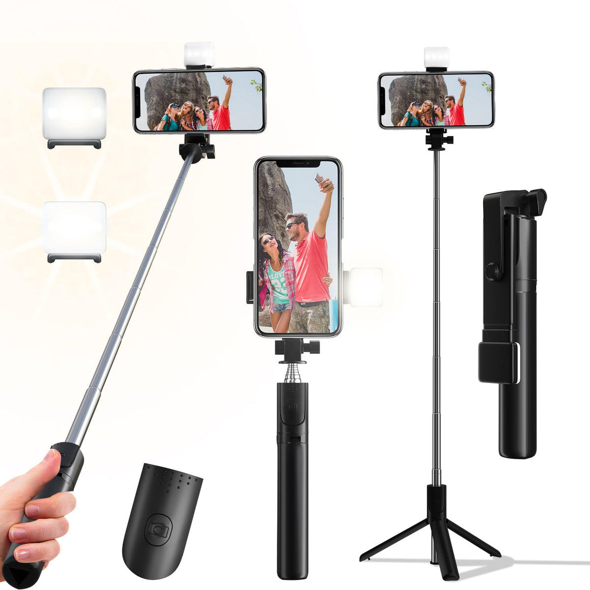 Selfie Stick Tripod, 40 in Retractable Tripod for iPhone with Wireless Remote Control & Light, Portable Phone tripods for Photograph, Live Streaming, Video Recording, Compatible with All Cellphones