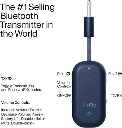 Twelve South AirFly Pro 2 Bluetooth 5.0 Transmitter/Receiver for TV/Airplane to 2 Wireless Headphones – Wireless Adapter for AirPods, Airplane, Car, Gym, Home, Use with Any 3.5 mm Audio Jack, Blue