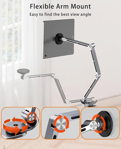 Magnetic Tablet Stand for Desk Aluminum Alloy Phone iPad Desk Holder Overhead Arm Mount with 360°Rotate Base for Magsafe/iPhone/Android/iPad (Magnetic Silver)