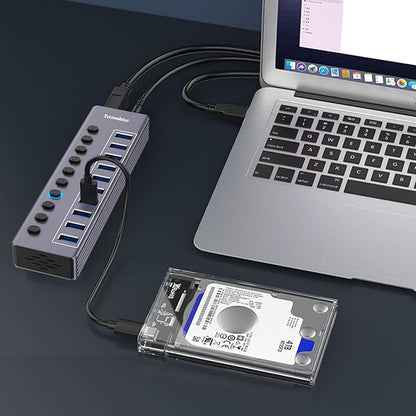 Powered 10-Port USB 3.0 Hub, USB C to 10 Ports USB Data Hub Splitter with Individual LED On/Off Switche, 3.3FT Cable, 12V/3A Power Adapter, for Laptop MacBook Pro/Air PC (Aluminum Gary)
