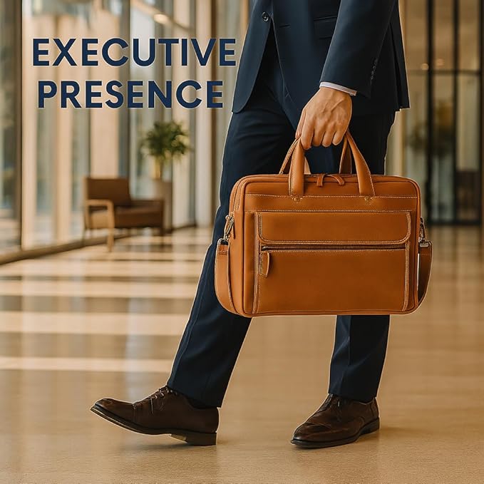 Luxorro Full Grain Leather Briefcase for Men, Light Brown, 17"(W) x 13"(H) x 5"(D), Fits 15.6 Inch Laptop