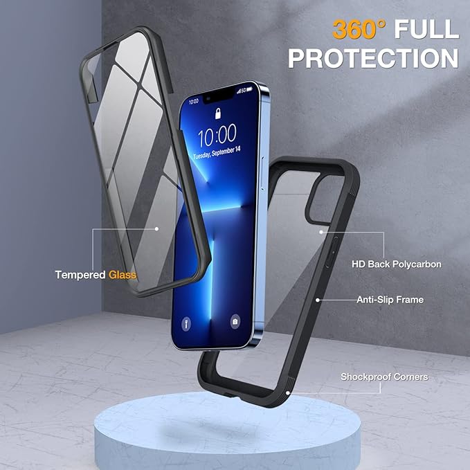 Miracase Glass Case for iPhone 13 Pro Max 6.7 inch, Upgrade Full-Body Clear Phone Bumper Case Cover with Built-in 9H Tempered Glass Screen Protector, Black