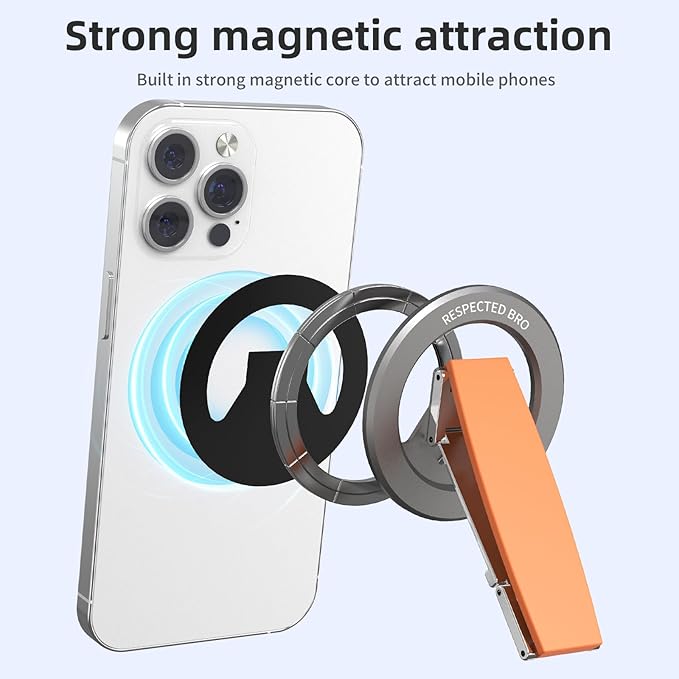 RESPECTED-BRO-Magnetic-Phone-Grip-Stand, Magnetic Phone Ring Holder Kickstand with Silicone Finger Strap, Compatibility for iPhone 17/16/15/14/13/12, Android, and More (Orange)