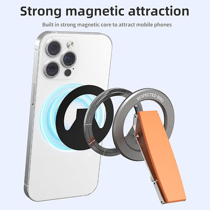 RESPECTED-BRO-Magnetic-Phone-Grip-Stand, Magnetic Phone Ring Holder Kickstand with Silicone Finger Strap, Compatibility for iPhone 17/16/15/14/13/12, Android, and More (Orange)