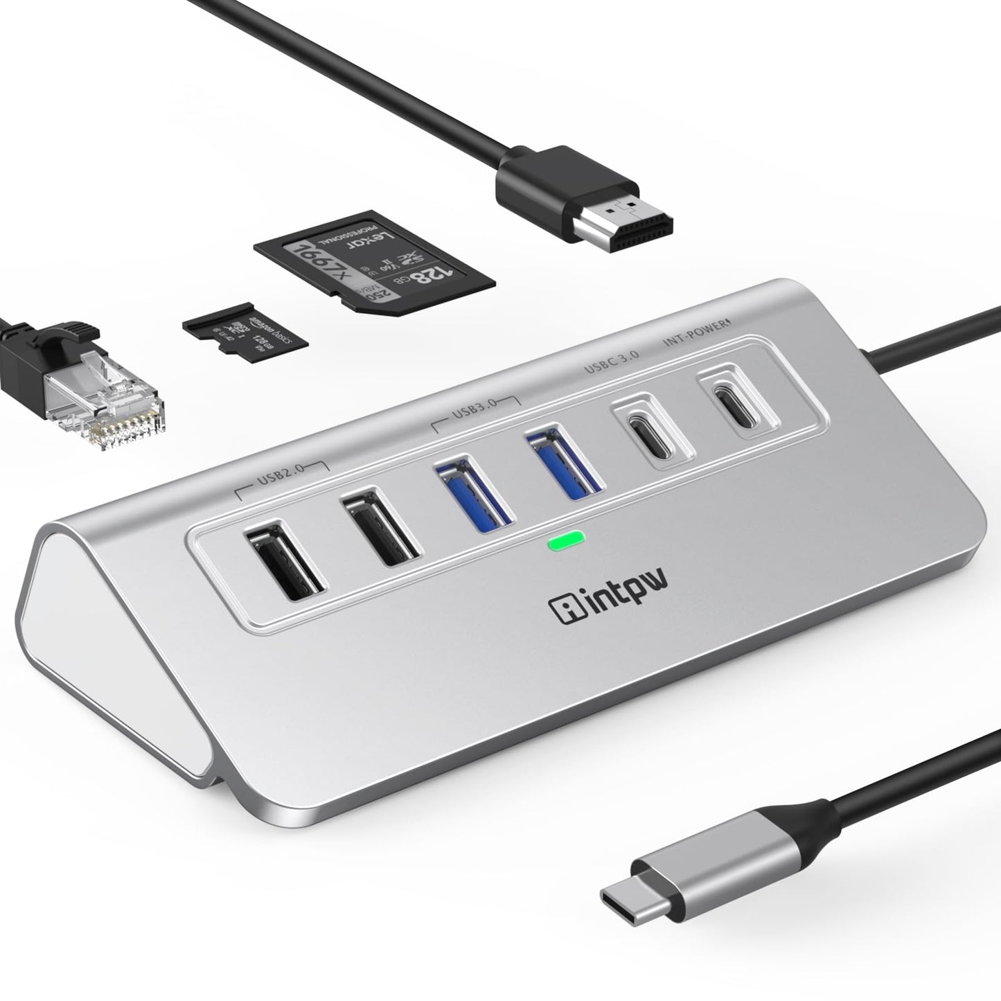 intpw 10-in-1 USB C Hub, P9R Powered USB Hub with 4K HDMI, 3 USB 3.0 5Gbps, PD 100W, 1Gbps Ethernet, SD/TF, Aluminum USB Hub for Laptop, MacBook Pro/Air, iPad Pro, iPhone 17, Dell, HP
