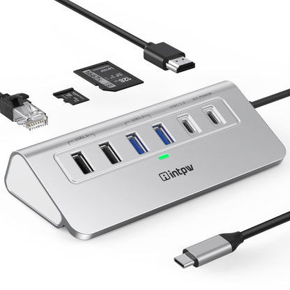 intpw 10-in-1 USB C Hub, P9R Powered USB Hub with 4K HDMI, 3 USB 3.0 5Gbps, PD 100W, 1Gbps Ethernet, SD/TF, Aluminum USB Hub for Laptop, MacBook Pro/Air, iPad Pro, iPhone 17, Dell, HP