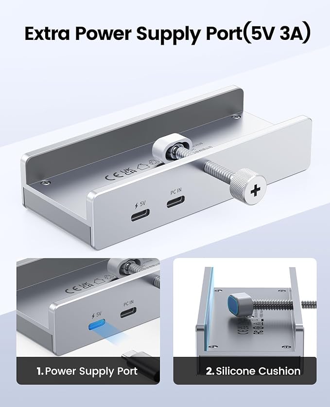 ORICO USB Hub 3.0, Clamp USB Hub with Extra Power Port, 3 USB-A Data Ports, USB-C Port for Monitors, Desks(Silver)