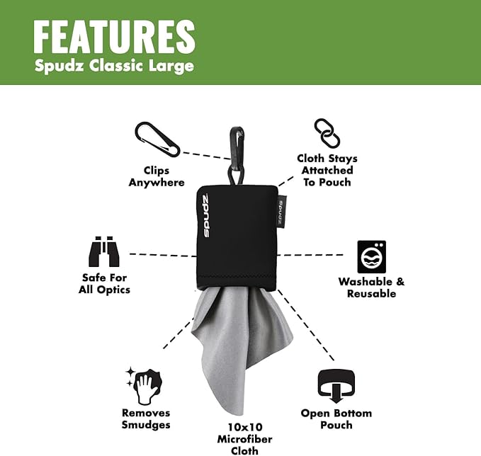 SPUDZ Classic Microfiber Lens Cleaner – Clip-On Pouch, Washable – for Binoculars, Scopes, Glasses, Screens | Black, 10 x 10 Inch (2-Pack)