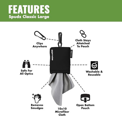 SPUDZ Classic Microfiber Lens Cleaner – Clip-On Pouch, Washable – for Binoculars, Scopes, Glasses, Screens | Alpine Mountain Camo, 10 x 10 Inch (2-Pack)