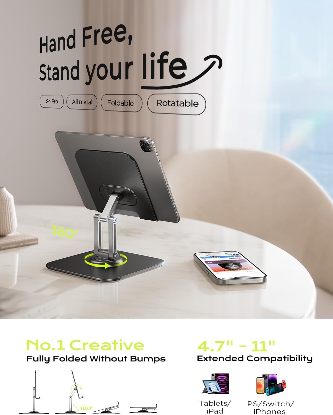 LISEN for iPad Stand Holder [All-Metal Foldable] Adjustable Tablet Stand for Desk, 2026 iPad Accessories Rotating Display Stand Office Men Gifts Kindle Tablet PS Switch iPhone 11"-4.7"