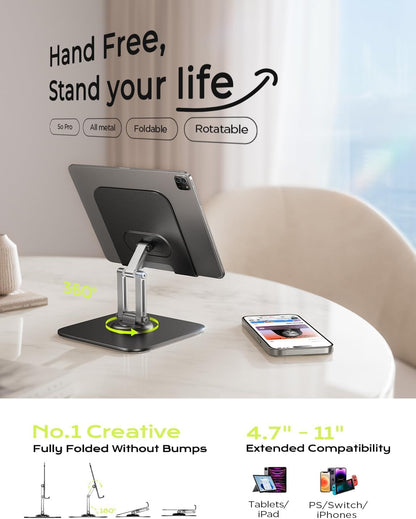 LISEN for iPad Stand Holder [All-Metal Foldable] Adjustable Tablet Stand for Desk, 2026 iPad Accessories Rotating Display Stand Office Men Gifts Kindle Tablet PS Switch iPhone 11"-4.7"