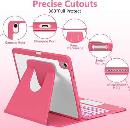 Touchpad for iPad A16 11th/10th Generation Case with Keyboard, 7 Color Backlit 360 Rotation Cover with Pencil Holder,Detachable Keyboard for iPad 11 inch 2025/10th Gen 10.9'' 2022 (Watermelon Red)