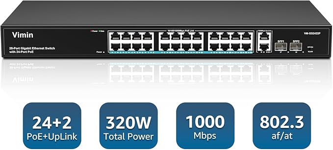 VIMIN 24 Port Gigabit PoE Switch with 2 Uplink Gigabit & 2 SFP Ports, 24-Port Ethernet PoE Switch Unmanaged w/ 320W High Power, Support IEEE802.3af/at, VLAN, Rack-Mount, Sturdy Metal Housing
