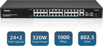 VIMIN 24 Port Gigabit PoE Switch with 2 Uplink Gigabit & 2 SFP Ports, 24-Port Ethernet PoE Switch Unmanaged w/ 320W High Power, Support IEEE802.3af/at, VLAN, Rack-Mount, Sturdy Metal Housing