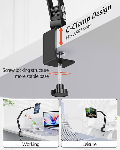 Urmust Tablet Holder Mount with Extendable Arm, Multi-Node Adjustable for 4.7-13" iPad Pro, Air, Galaxy Tab, Kindle Fire, Switch - Universal Tablet Stand for Bed, Desk & Work