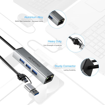 ACHORO Multi-Function USB to Ethernet Adapter with LAN – Built-in USB A & USB C, Extra 3 USB Connections with RJ45, Aluminum Alloy, for PC & Mac (LAN & USB Ports)