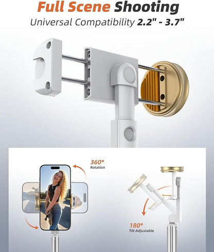 Phone Tripod & Selfie Stick with Remote, Portable Travel Phone Stand for Video Recording Vlog, Extendable Cell Phone Holder Compatible with iPhone Android, White, 62"