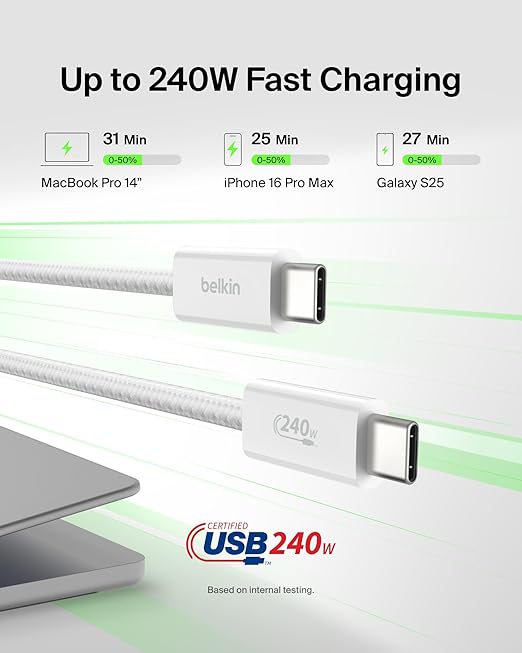 Belkin USB C to USB C Cable, 3.3ft, 240W - Type C Charger, iPhone Charger Cord, Soft, Braided, Flexible for iPhone 17, Galaxy S25, Pixel 9, MacBook, Chromebook, iPad Pro, Switch Steam Deck – White