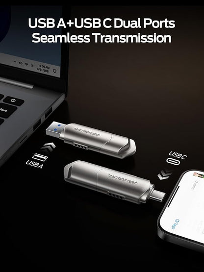 MOVE SPEED USB Drive 512GB External SSD 1000MB/s USB 3.2 Gen2+USB C Dual Ports Portable Zinc Alloy Thumb Drive Stick, External Drive with Metal Casing for iPhone 15/16/17 Series/Mac/Android Phone
