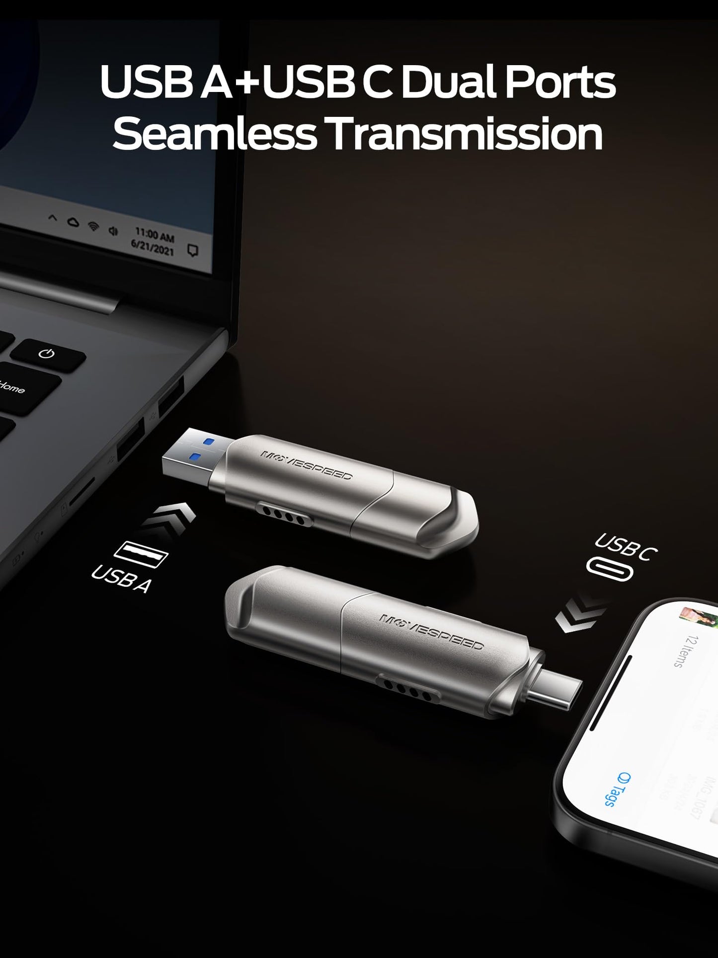 MOVE SPEED USB Drive 1TB External SSD 1000MB/s USB 3.2 Gen2+USB C Dual Ports Portable Zinc Alloy Thumb Drive Stick, External Drive with Metal Casing for iPhone 15/16/17 Series/Mac/Android Phone