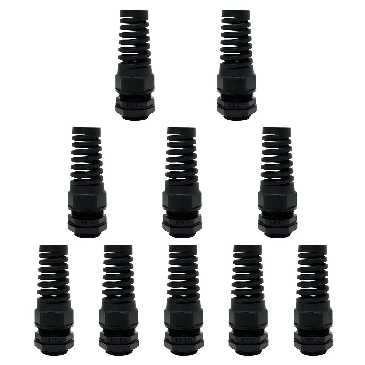 LeMotech 5Pcs NPT 1/2" IP68 Waterproof Cable Gland Flex Spiral Strain Relief Black Nylon Joint with Gaskets for 6-12mm Wire Thread