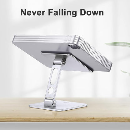 OMOTON Upgraded Adjustable Tablet Stand Holder, Heavy Duty Foldable Portable Monitor Stand, Travel Essentials for iPad Pro/Air/Mini, Surface Pro, Portable Monitor 4.7''-15.6', Silver