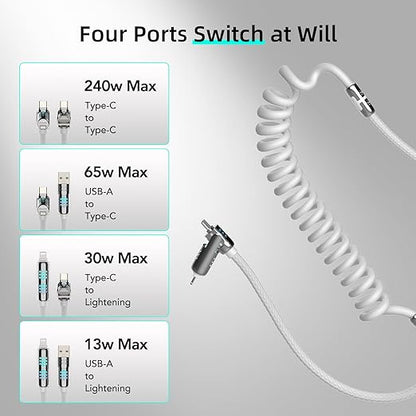 MFish 4-in-1 USB C Charging Cable, 6 Ft Type C to Type C Cable, 240W Fast Charger for iPhone 16/15/14 Pro Plus Pro Max, for iPad MacBook Pro/Air, Laptops - Multi Charger Cord with USB-A