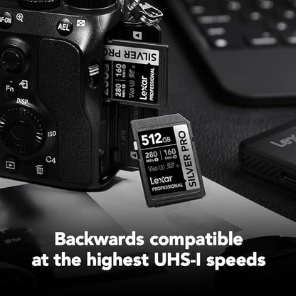 Lexar 512GB Professional SILVER PRO SD Card, UHS-II, C10, U3, V60, Full HD, 4K, Up To 280MB/s Read SDXC Memory Card, for Professional Photographer, Videographer, Enthusiast (LSDSIPR512G-BNNNU)