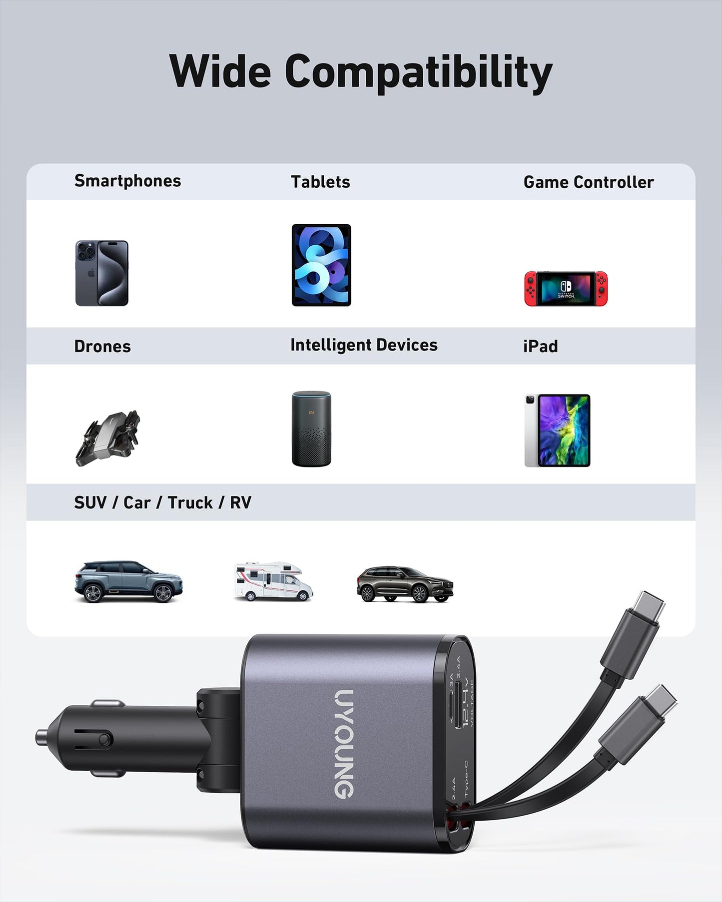 Car Phone Charger Retractable Car Charger 4 in 1 Fast Charger 30W Double