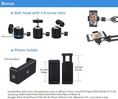 Overhead Tripod Mount for Camera Webcam Ring Light, Flexible Over Head Arm for iPhone with Phone Holder and Ball Head, Table Stand Accessory for Phone Video Recording Live Stream