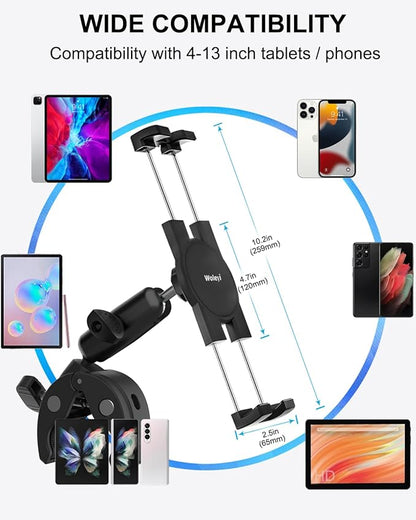 Metal iPad Tablet Mount for Boat Helm, Wheelchair Pole, Golf Cart, Stroller, Mic Stand, Fitness Bike, Road Mountain Bicycle - 360° Adjustable Handlebar Clamp for 4.7-13" iPad Pro, Air, Mini, Galaxy