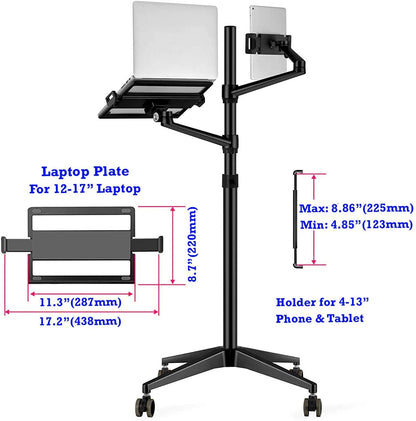 MagicHold Triple arm Height Adjustable Stand Mount with Rolling Wheel for Laptop(11-17 inch) and Compatible with ipad iPad pro 12.9 inch/Tablet/Ereader (Black)