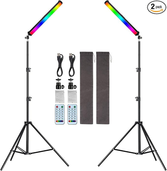 RGB Photography Light Wand Stick, 360° Full Color Portable LED Lighting Wand Handheld 5000mAh Rechargeable Battery & Magnet with 27"-80" Tripod Stand-2 Pack