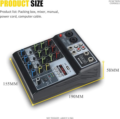 Mini audio audio mixers DJ mixer Sound Board Console System,4 Channel 48V Phantom Power with Bluetooth USB MP3 Stereo live DJ Studio Streaming for professional recording party KTV stage
