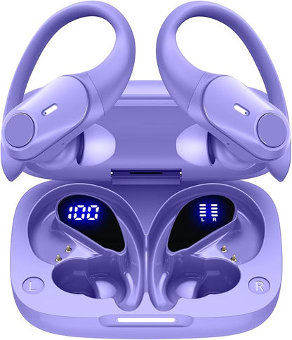 GOLREX Active Noise Cancelling Ear Buds Wireless Earbuds Bluetooth Headphones with 80H Playtime LED Display Wireless Charging Case, Over-Ear Hooks Earbud for Sports Running Gym Workout Purple