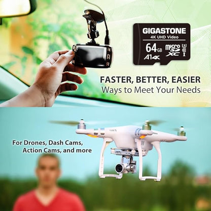 GIGASTONE 64GB Micro SD Card 2-Pack, A1 V30 4K Video Recording, Surveillance Security Cam Action Camera Drone Professional, 90MB/s Micro SDXC UHS-I U3 Class 10